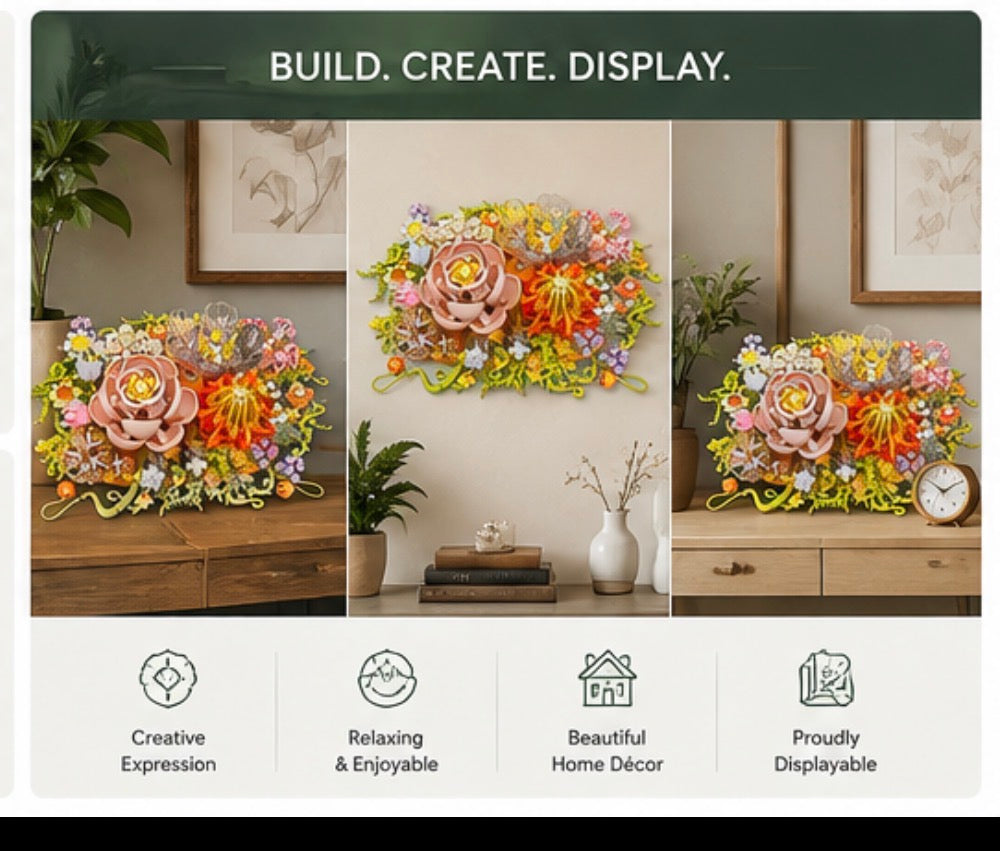 A decorative floral wall art piece displayed in three interior scenes, with the text 'BUILD. CREATE.