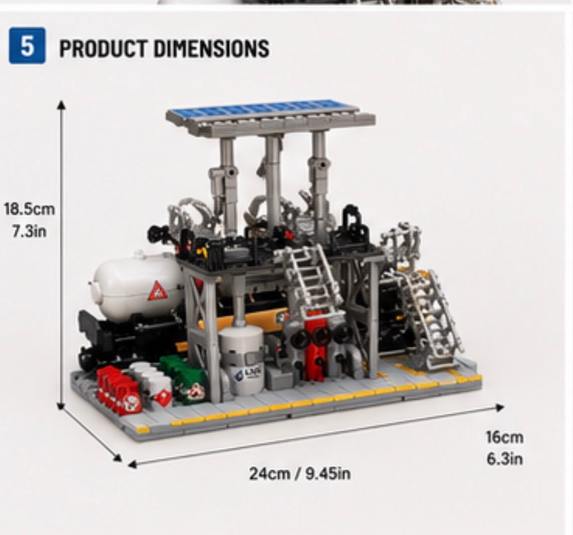 Product dimensions diagram for a building block model of an oil refinery or gas station, showing overall height of 18.5cm, width of 24cm, and depth of 16cm with measurements in centimeters and inches on a white background.