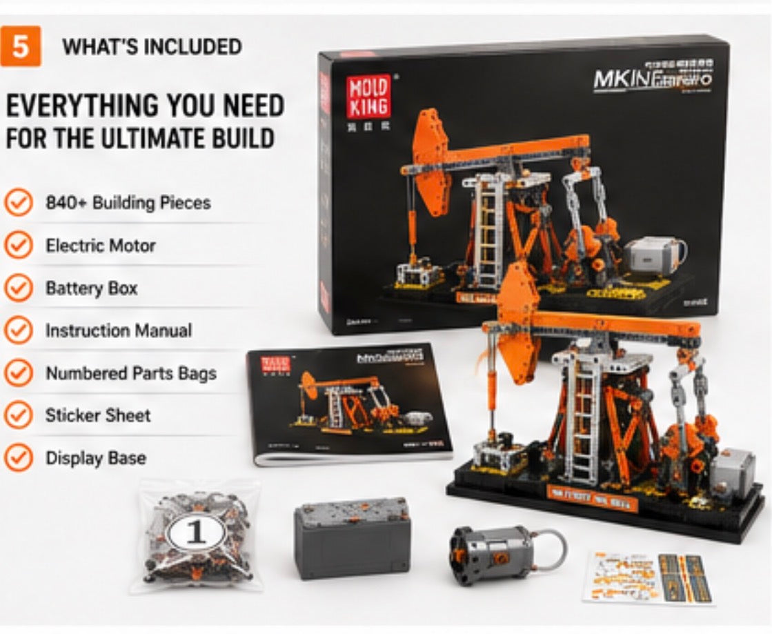 Mok King MKIN F1m3rO mechanical model kit set displayed with its retail box, assembled oil pump jack model, instruction manual, battery box, motor, numbered parts bags, and sticker sheet on a white background with feature callouts.