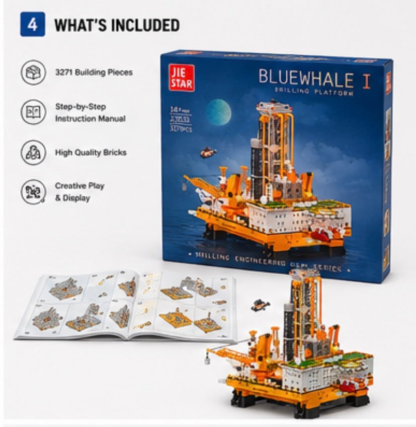 JIE STAR Blue Whale I Drilling Platform building blocks set shown with its blue retail box, an open instruction booklet, and the assembled orange-and-white drilling platform model on a light gray background.