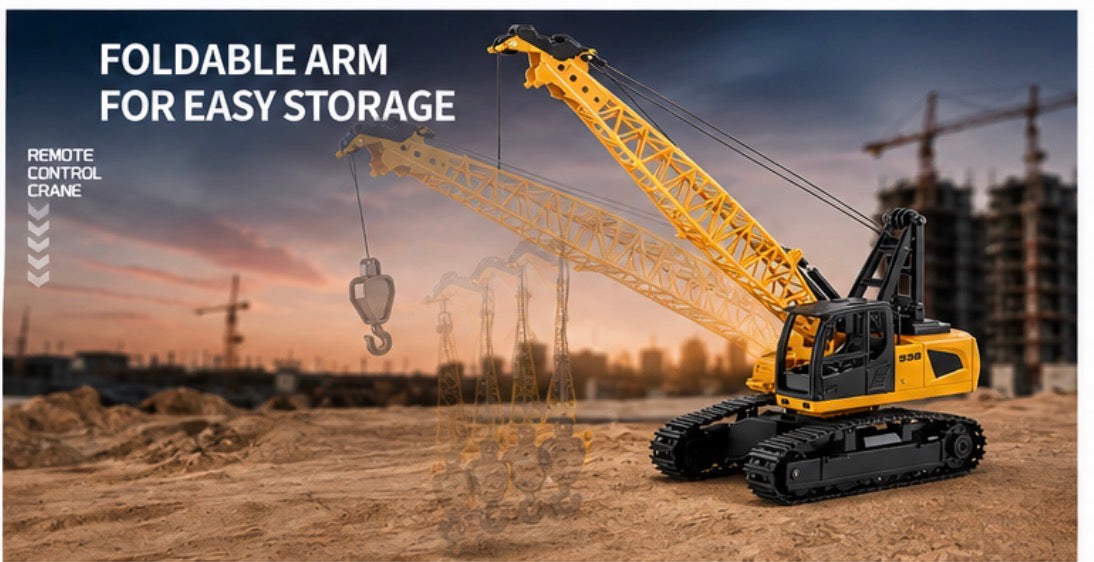 A yellow and black remote-controlled toy crane is shown on a construction site background with text overlays highlighting its foldable arm and remote control features.