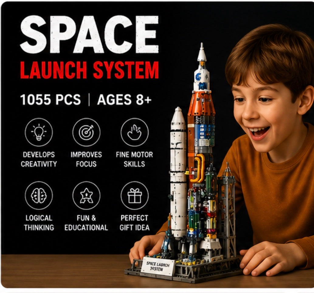A child smiling beside a large assembled space rocket model set on a table, with promotional text reading 'SPACE LAUNCH SYSTEM' and feature icons on a black background.