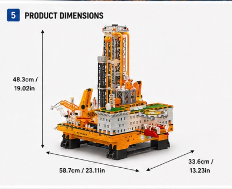 A product dimension diagram showing a building-block construction of an oil rig platform on a light gray background, with labeled measurements for height, width, and depth in centimeters and inches.