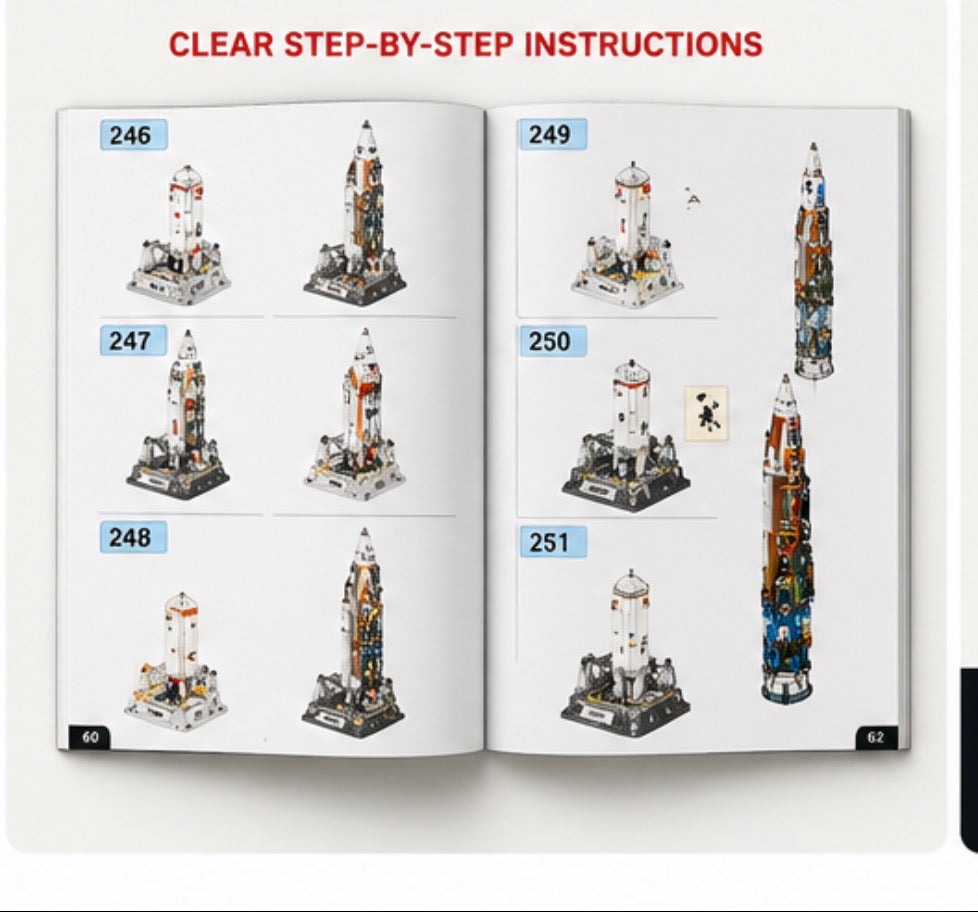 An open instruction booklet showing step-by-step photos of assembling a tall rocket model, with page numbers 246 through 251 and the heading 'CLEAR STEP-BY-STEP INSTRUCTIONS' at the top.