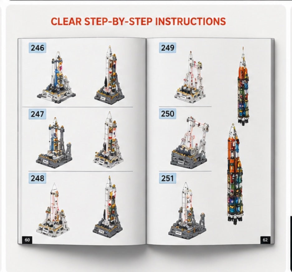 An open instruction booklet showing step-by-step assembly photos of building block rockets, with page headings reading 'CLEAR STEP-BY-STEP INSTRUCTIONS' and numbered panel labels.