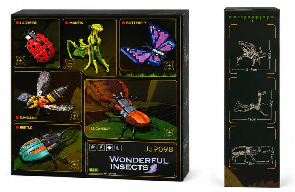Boxed insect building set labeled 'Wonderful Insects' with product code JJ9098, shown with the front packaging featuring colorful insect illustrations and a side panel showing insect skeleton diagrams with measurements.