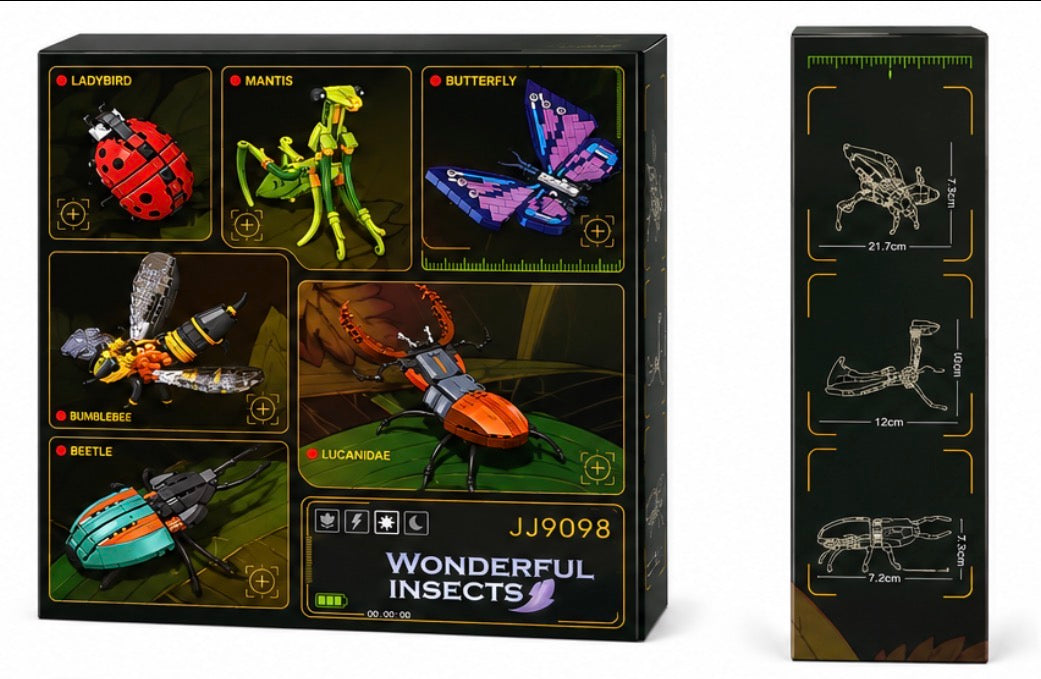Boxed insect building set labeled 'Wonderful Insects' with product code JJ9098, shown with the front packaging featuring colorful insect illustrations and a side panel showing insect skeleton diagrams with measurements.