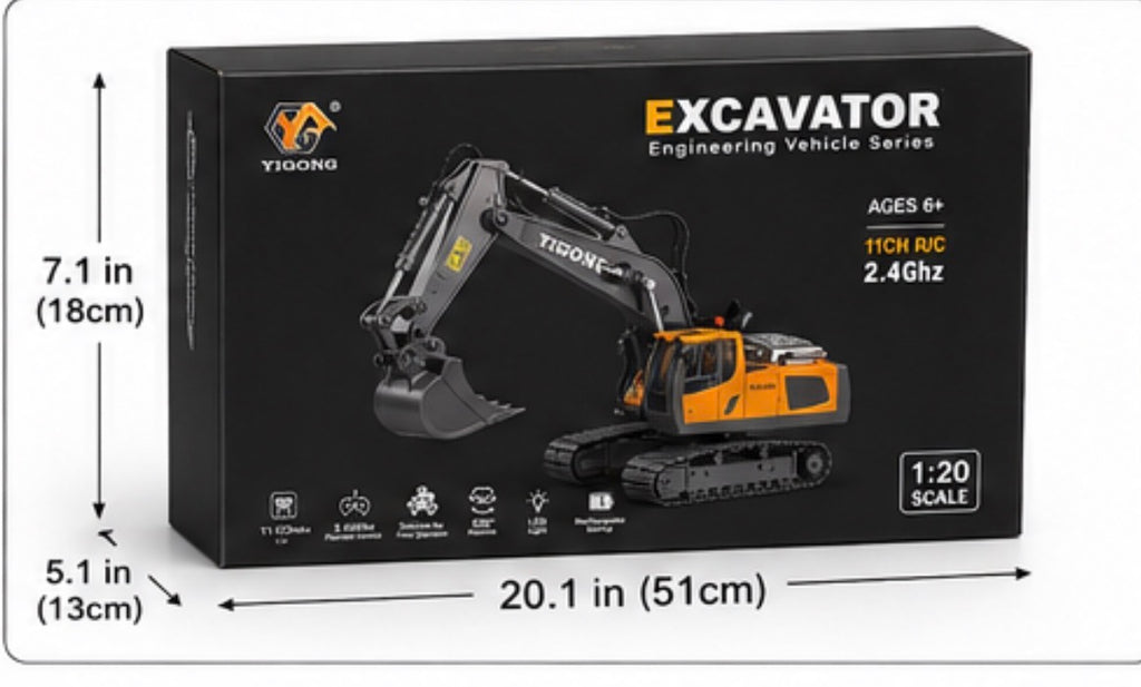 Black product box for a TIDONG excavator RC model, shown with dimension arrows and measurements indicating 20.1 in (51cm) width, 7.