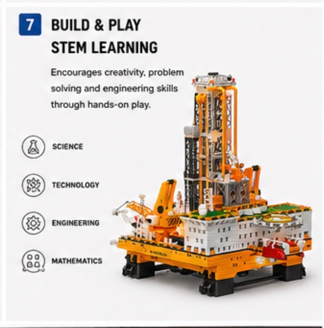 An educational toy set featuring a detailed orange and white drilling rig model, shown on a light gray background with text highlighting STEM learning benefits.