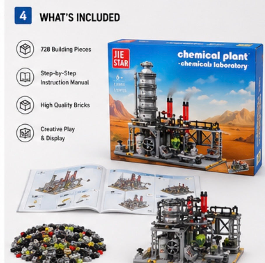 Jie Star chemical plant building set shown with its retail box, open instruction manual, loose bricks, and assembled model on a light gray background. The box reads 'chemical plant - chemicals laboratory' and shows the Jie Star brand.