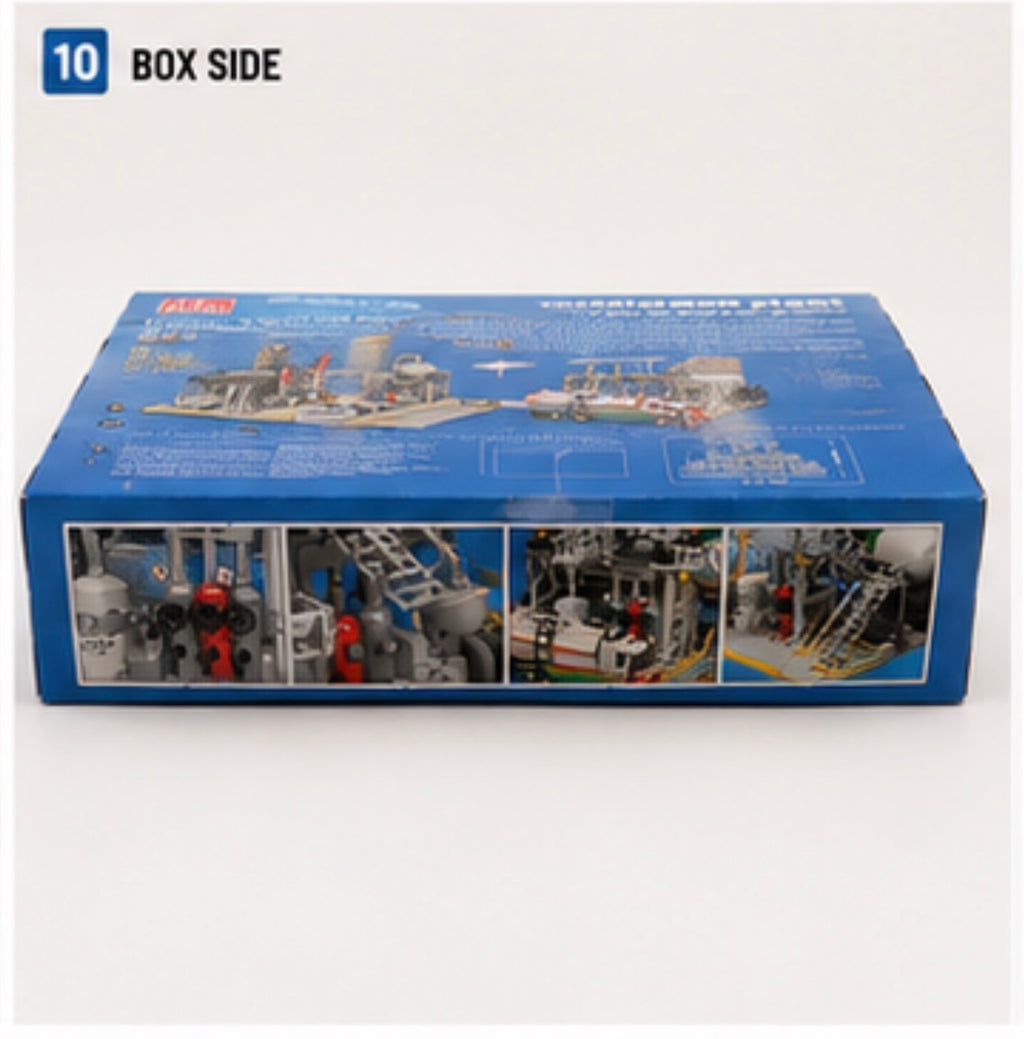 The back of a blue toy building block box, showing printed assembly diagrams and photos of constructed models, with a blue '10 BOX SIDE' label in the top left corner.