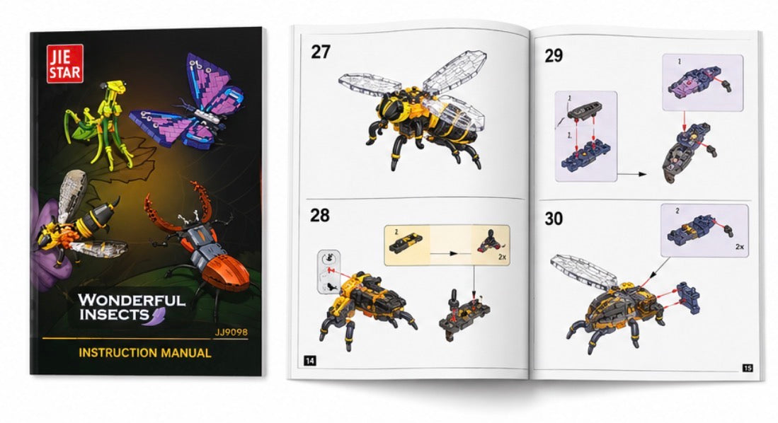 JIE STAR Wonderful Insects instruction manual showing the cover and an open instruction booklet with assembly diagrams for insect-shaped building blocks.