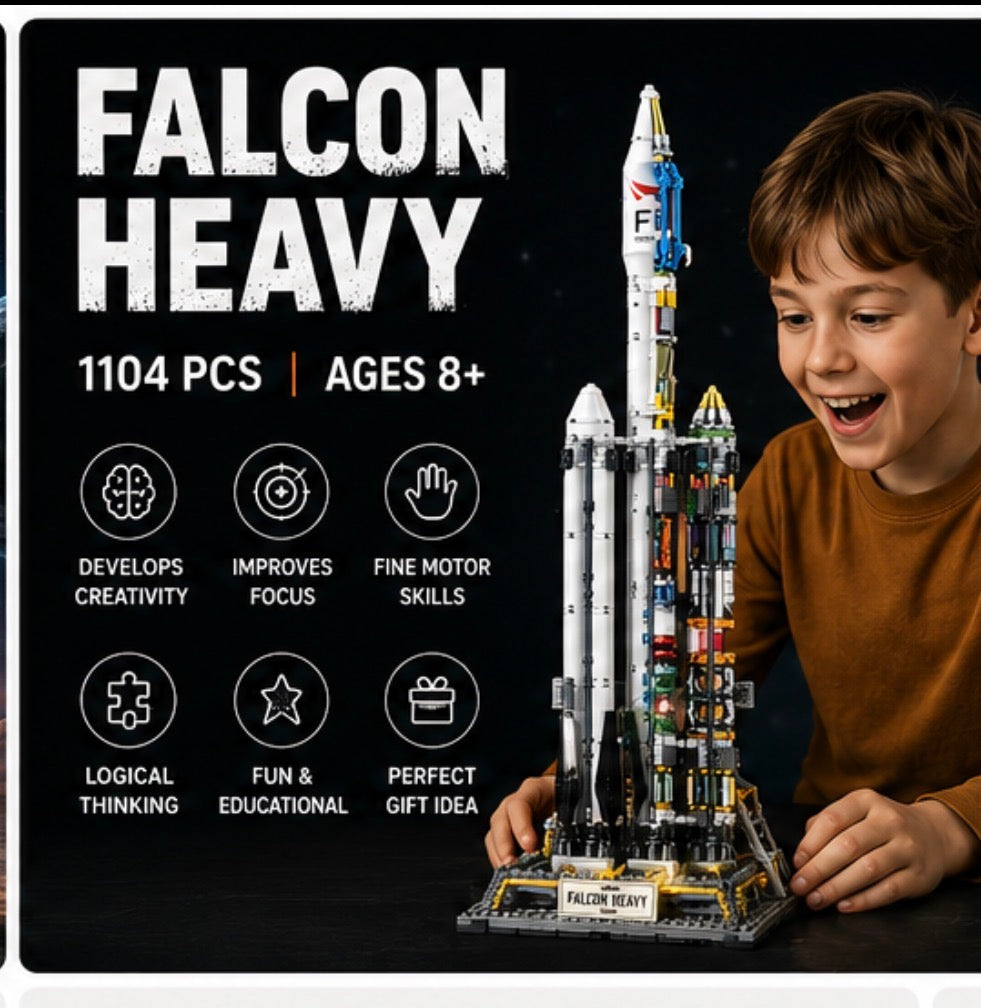 A child smiling beside a large assembled Falcon Heavy model rocket set on a black background, with large text reading 'FALCON HEAVY' and feature icons for ages 8+, 1104 pieces, and developmental benefits.