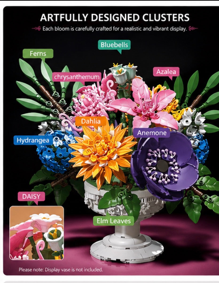 A product display graphic for a building block set of flower clusters. The image shows a colorful arrangement of various block-built flowers (pink azalea, orange dahlia, purple anemone, blue hydrangea, green ferns, and white/gray elm leaves) in a white pot against a black background with colorful text labels identifying each bloom.