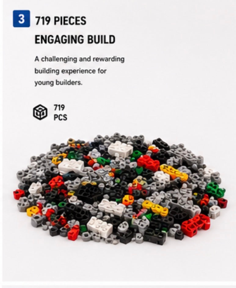 A pile of 719 multicolored building blocks on a white background, with text at the top stating '3 ENGAGING BUILD' and '719 PIECES PCS'.