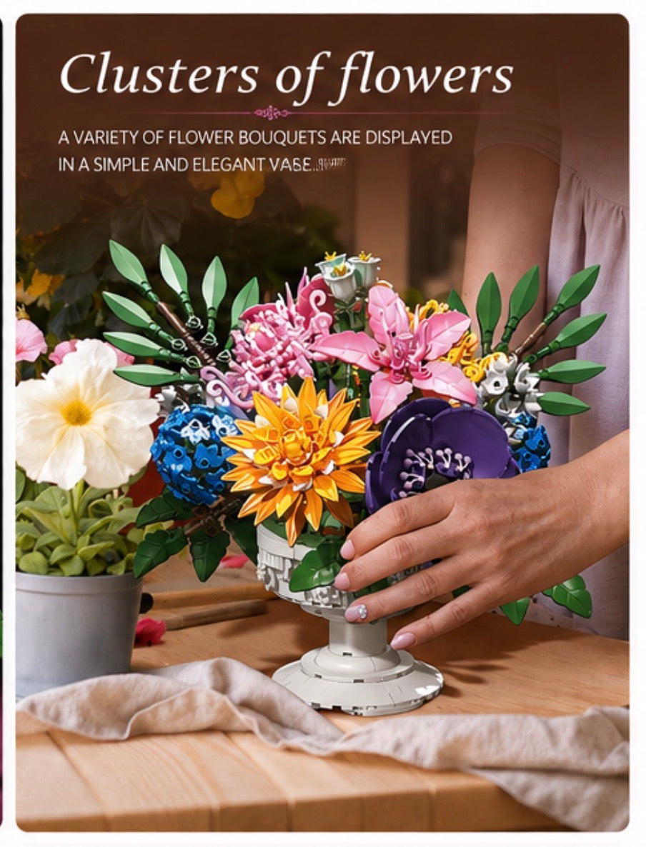 A hand arranging a colorful flower bouquet in a white pedestal vase on a wooden table, with a potted plant in the background and the text 'Clusters of flowers' at the top.