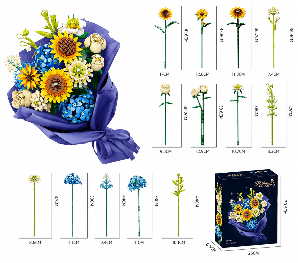 Sunflower & Rose Flower Bouquet Building Block Set – 1,124 Pieces