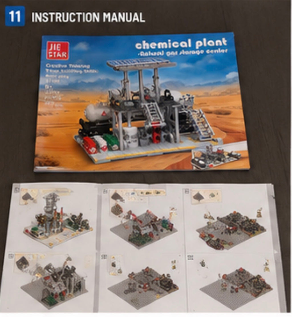Jie Star chemical plant building block instruction manual, showing the colorful product box with a desert-themed chemical plant illustration and three pages of assembly instructions below on a dark wood surface.