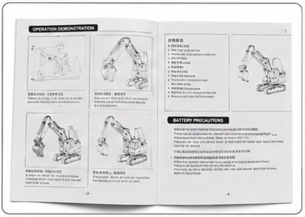 An open booklet or manual showing printed operation diagrams and safety information for an excavator, with line drawings, text headings, and small illustrations on both pages.