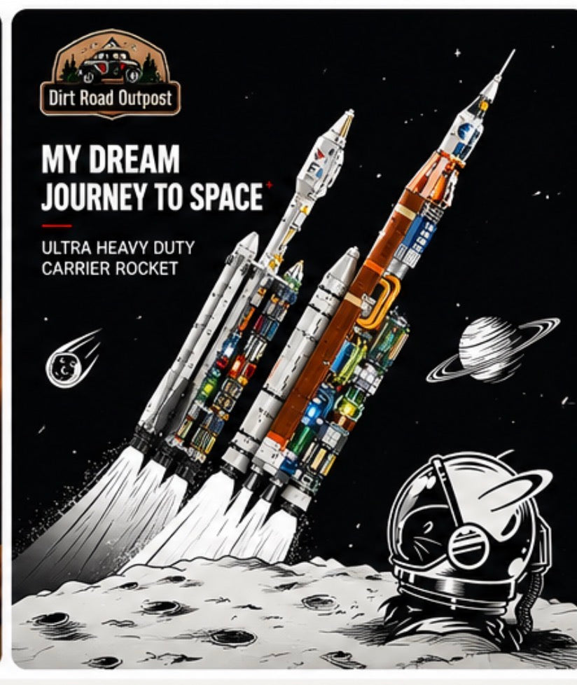 A product cover graphic for a 'Dirt Road Outpost' Ultra Heavy Duty Carrier Rocket, featuring a detailed illustration of a multi-stage rocket launching from a moon surface with an astronaut helmet in the foreground and planets in the background.