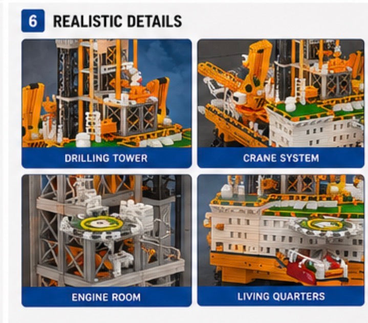 A product feature graphic showing a detailed building-block model of an offshore drilling platform, with four labeled close-up panels: Drilling Tower, Crane System, Engine Room, and Living Quarters. The top header reads 'REALISTIC DETAILS' and the left panel has a blue '6' badge.