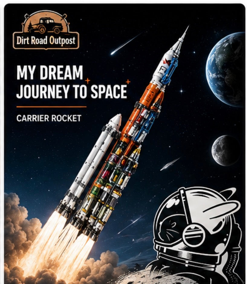 Book cover for 'My Dream Journey to Space: Carrier Rocket' by Dirt Road Outpost, featuring a detailed illustration of a multi-stage rocket launching into space with planets and an astronaut helmet in the foreground.