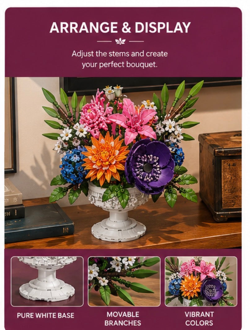 A floral arrangement in a white pedestal vase displayed on a wooden table, with marketing text at the top reading 'ARRANGE & DISPLAY' and three feature callouts at the bottom about the white base, movable branches, and vibrant colors.