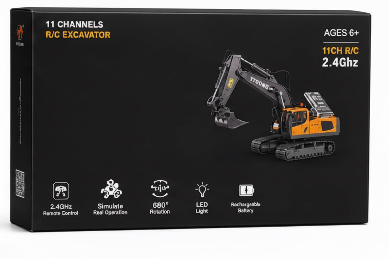 Black retail box for a 11-channel remote control excavator, showing the product photo, orange remote control diagram, dimensions, and feature icons on a white background.