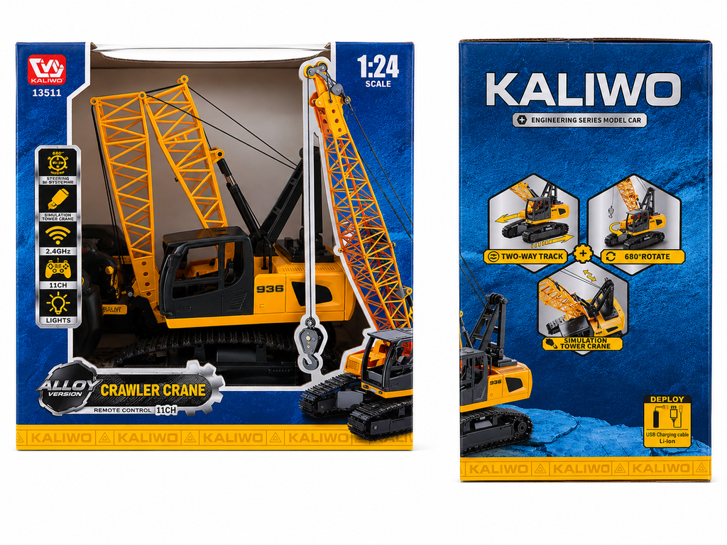 Kaliwo 1:24 scale alloy crawler crane toy set shown in its retail packaging, with the front and back of the box displayed side by side. The packaging features a large photo of the yellow and black crane and highlights features like two-way tracks, step rotation, and remote control.