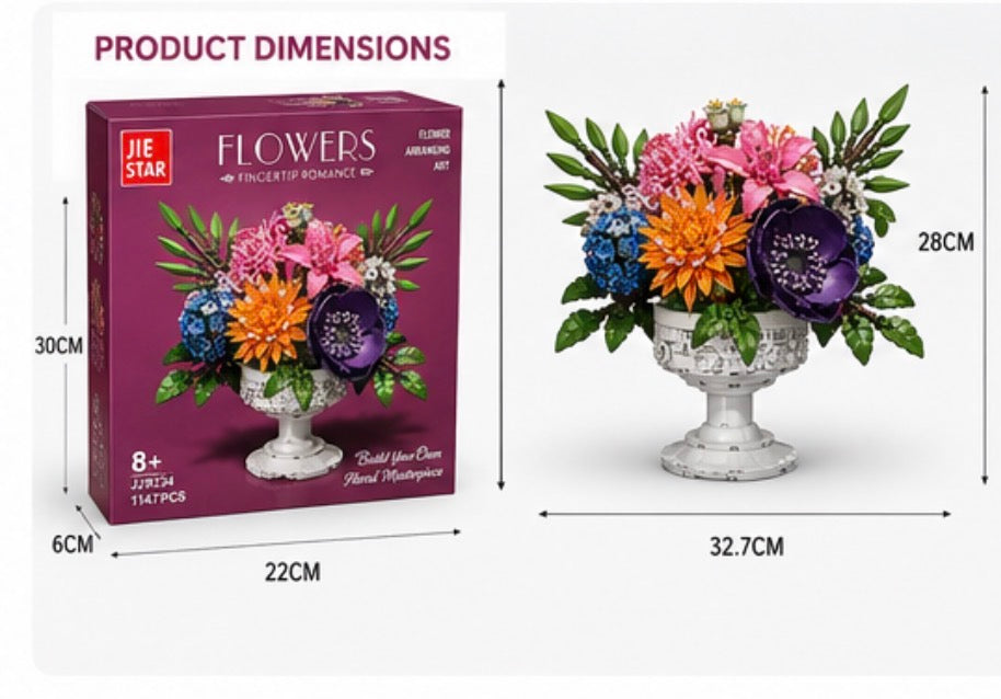 Product dimensions diagram for a Jie Star 'Flowers' floral arrangement kit. On the left is the product box with measurements labeled 22cm, 30cm, and 6cm.