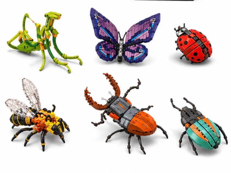 Six insect-themed building block models arranged on a white background: a green grasshopper, a purple and blue butterfly, a red ladybug, a yellow and black bee, an orange stag beetle, and a teal and orange beetle.