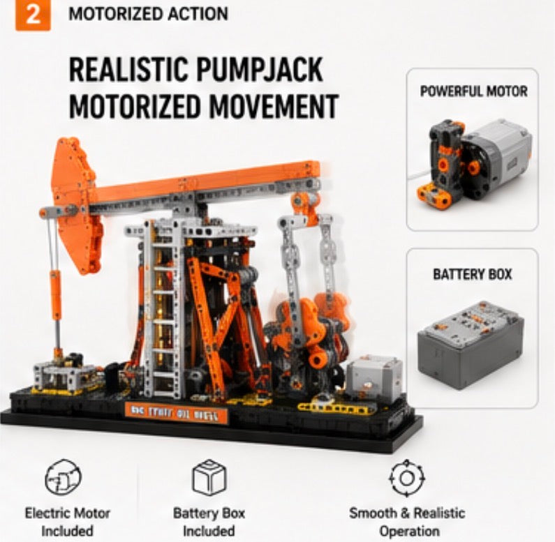 A product advertisement for a building-block pumpjack model. The main subject is a constructed pumpjack made of orange, gray, and black interlocking blocks on a black base.