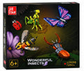 JIE STAR Wonderful Insects building block toy set in its retail packaging, featuring a black box with colorful insect illustrations including a green mantis, purple butterfly, orange beetle, yellow and black bee, and red ladybug.
