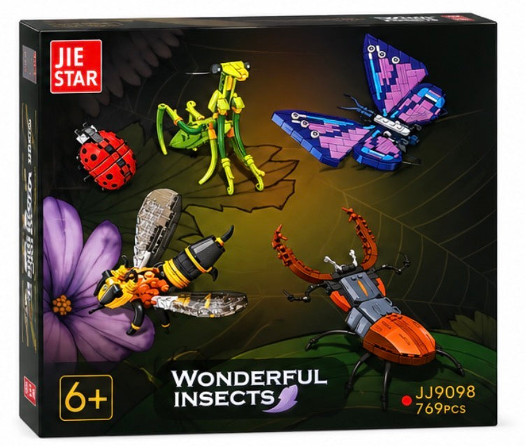 JIE STAR Wonderful Insects building block toy set in its retail packaging, featuring a black box with colorful insect illustrations including a green mantis, purple butterfly, orange beetle, yellow and black bee, and red ladybug.