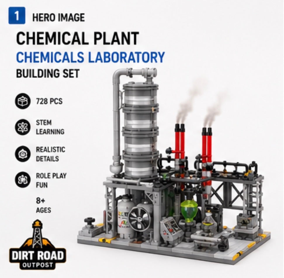 A building set product graphic showing a detailed chemical plant and laboratory model on a light gray background. Text on the left reads 'CHEMICAL PLANT', 'CHEMICALS LABORATORY', 'BUILDING SET', '728 PCS', 'STEM LEARNING', 'REALISTIC DETAILS', 'ROLE PLAY FUN', and '8+ AGES'.