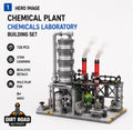 A building set product graphic showing a detailed chemical plant and laboratory model on a light gray background. Text on the left reads 'CHEMICAL PLANT', 'CHEMICALS LABORATORY', 'BUILDING SET', '728 PCS', 'STEM LEARNING', 'REALISTIC DETAILS', 'ROLE PLAY FUN', and '8+ AGES'.