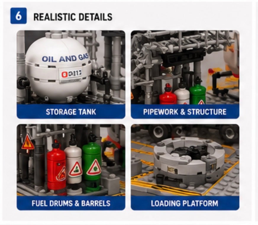 A product feature infographic showing four close-up views of a toy construction/oil-and-gas building set labeled '6 REALISTIC DETAILS.' The panels highlight a white storage tank with blue text, pipework and structure, fuel drums and barrels, and a loading platform, with blue caption bars underneath each photo.