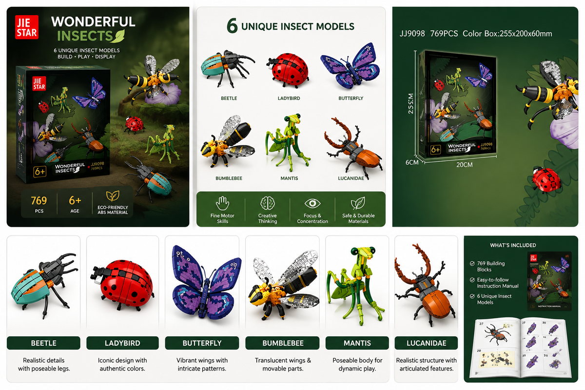 A product collage for an insect building toy set showing the retail box, an informational panel with labeled insect models, dimensions, feature icons, and included pieces on a dark green background.