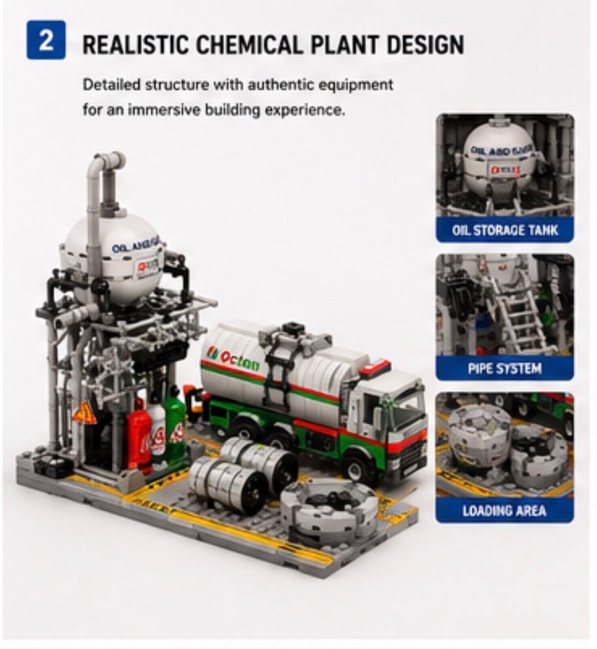 A building-block model set of a chemical plant and tanker truck on a white background, with descriptive text and three inset detail photos labeled oil storage tank, pipe system, and loading area.