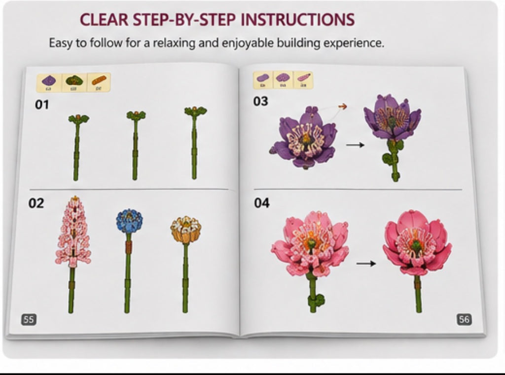 An open booklet or book spread showing illustrated step-by-step instructions for building a flower, with labeled panels 01, 02, 03, and 04 and a heading reading 'CLEAR STEP-BY-STEP INSTRUCTIONS.'.