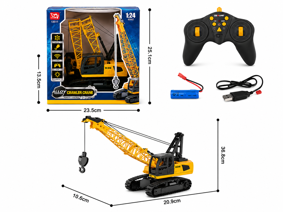 Yellow and black toy crawler crane set with remote control, battery, USB charging cable, and retail box, shown with dimension labels on a white background.