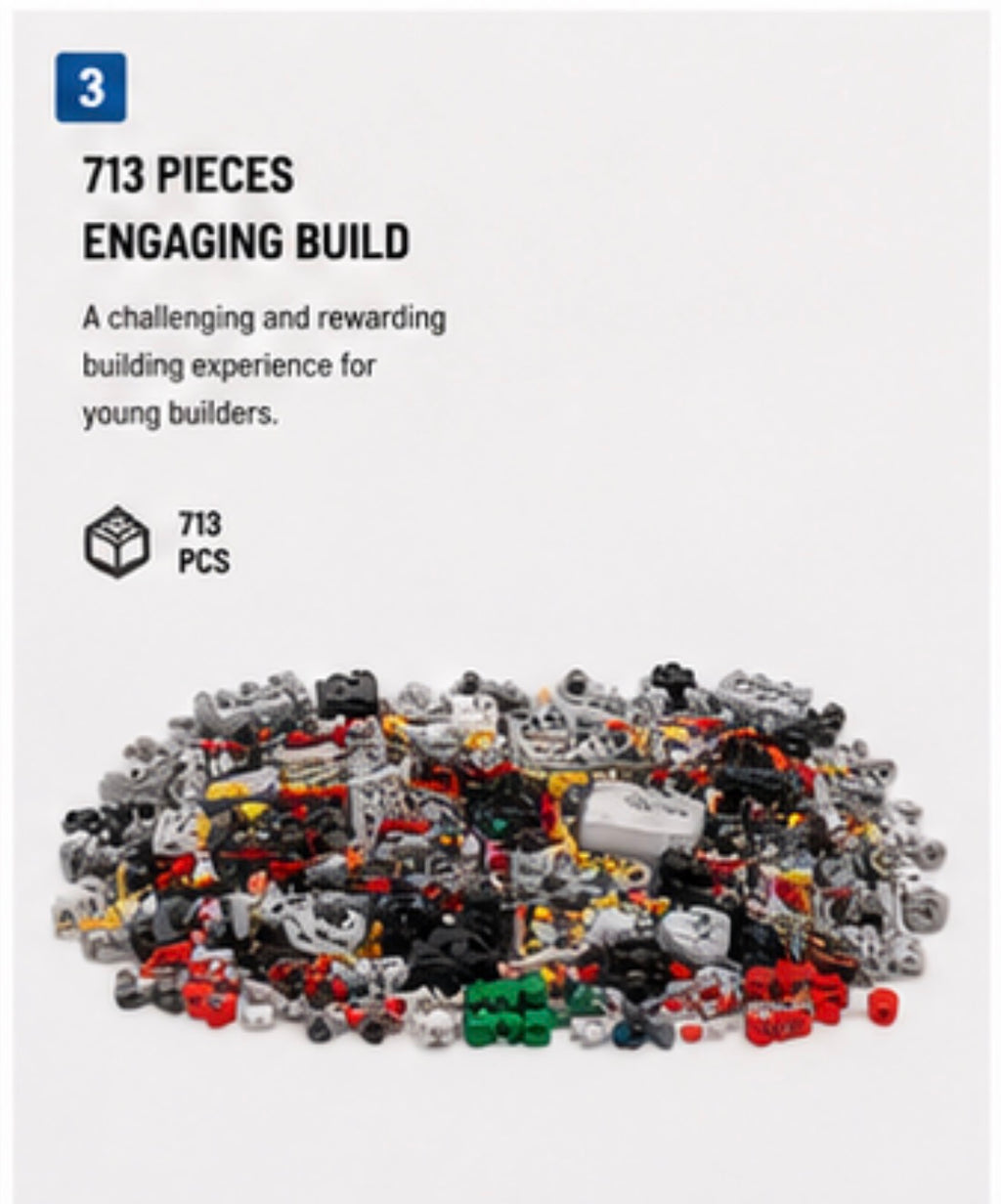 Lego Technic building bricks set shown with text reading '713 PIECES ENGAGING BUILD' and '713 PCS' on a light gray background.
