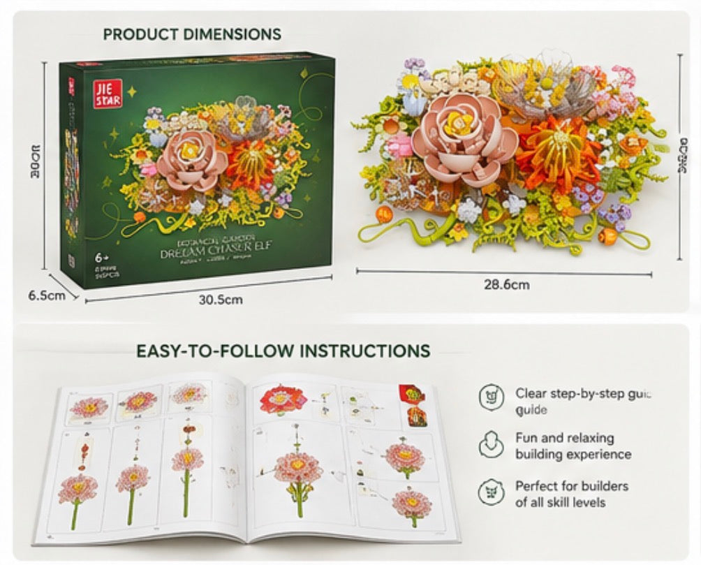 A collage showing a boxed DIY flower arrangement kit, the assembled floral arrangement, product dimensions, and an open step-by-step instruction booklet. The box is dark green with a colorful floral illustration and the text 'Jie Stars' and 'Botanical Building DIY Easy Classic Elf.