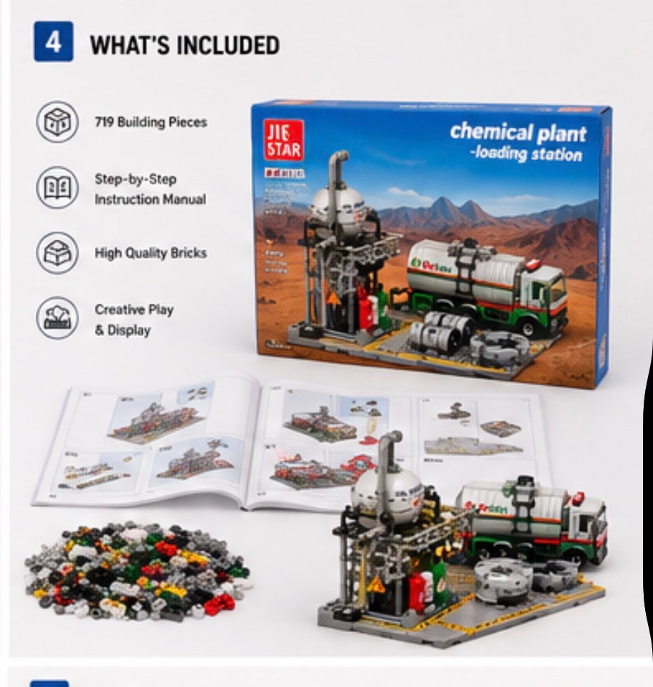 JIE STAR building block set for a chemical plant loading station, showing the blue retail box, open instruction manual, loose bricks, and assembled model on a white background with a 'What's Included' header.