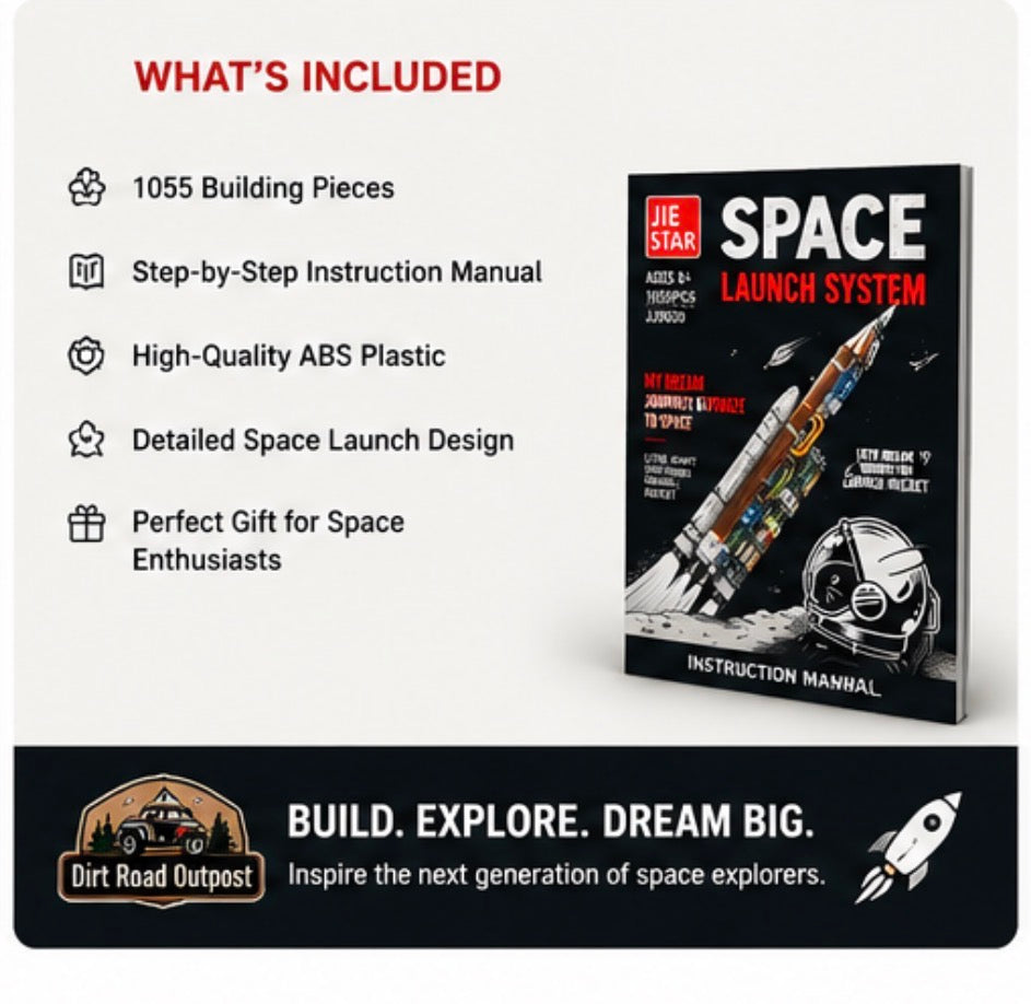 Jie Star Space Launch System instruction manual and building pieces set, featuring a black cover with white and red text, alongside a list of included items on a light background and a Dirt Road Outpost banner at the bottom.