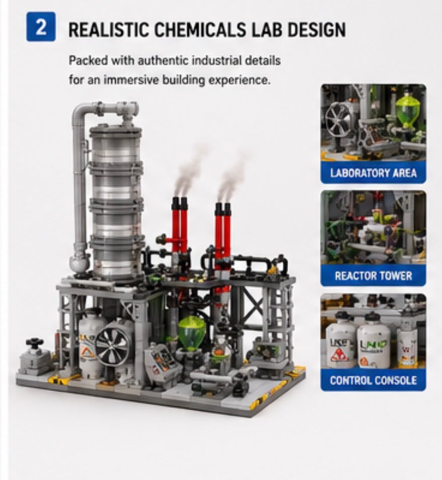 A building-block model of a realistic chemical laboratory and reactor tower, shown on a light gray background with descriptive text and three inset detail photos labeled Laboratory Area, Reactor Tower, and Control Console.