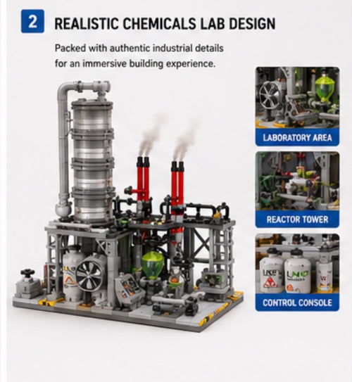 A building-block model of a realistic chemical laboratory and reactor tower, shown on a light gray background with descriptive text and three inset detail photos labeled Laboratory Area, Reactor Tower, and Control Console.