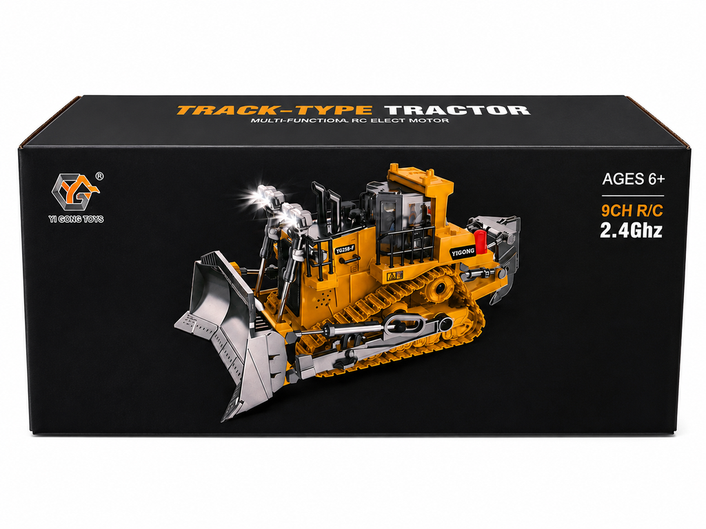 Black product box for a track-type tractor building block set, featuring a printed image of a yellow and gray bulldozer and text including 'TRACK-TYPE TRACTOR', 'AGES 6+', '9CH R/C', and '2.46hz'.