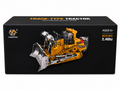 Black product box for a track-type tractor building block set, featuring a printed image of a yellow and gray bulldozer and text including 'TRACK-TYPE TRACTOR', 'AGES 6+', '9CH R/C', and '2.46hz'.