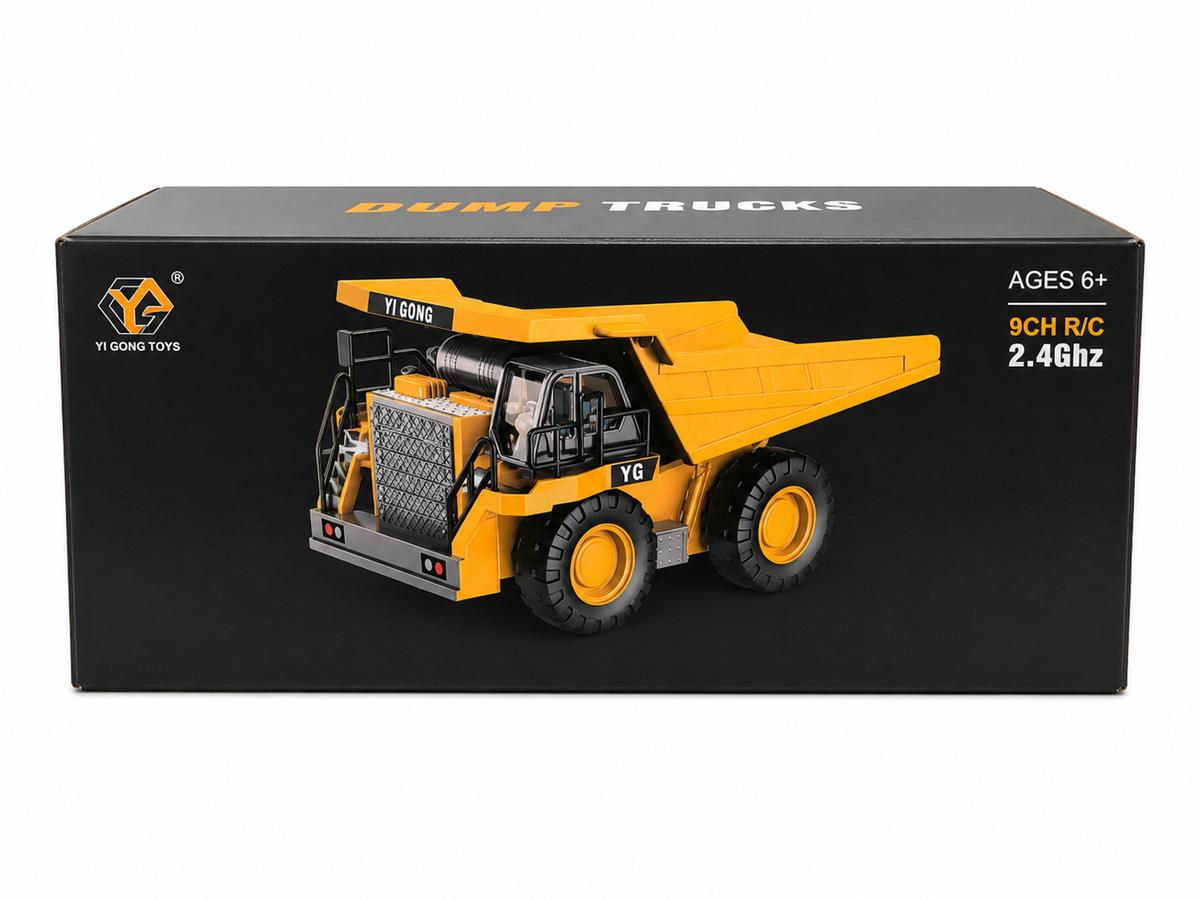 A black retail box for a yellow dump truck toy, shown on a white background. The box features an illustration of the yellow and black dump truck and text reading 'DUMP TRUCKS', 'AGES 6+', '9CH R/C', and '2.